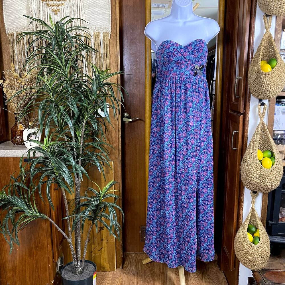 BCBGeneration Strapless Maxi Dress Womens 4 Blue Floral Sweetheart Summer Y2K
